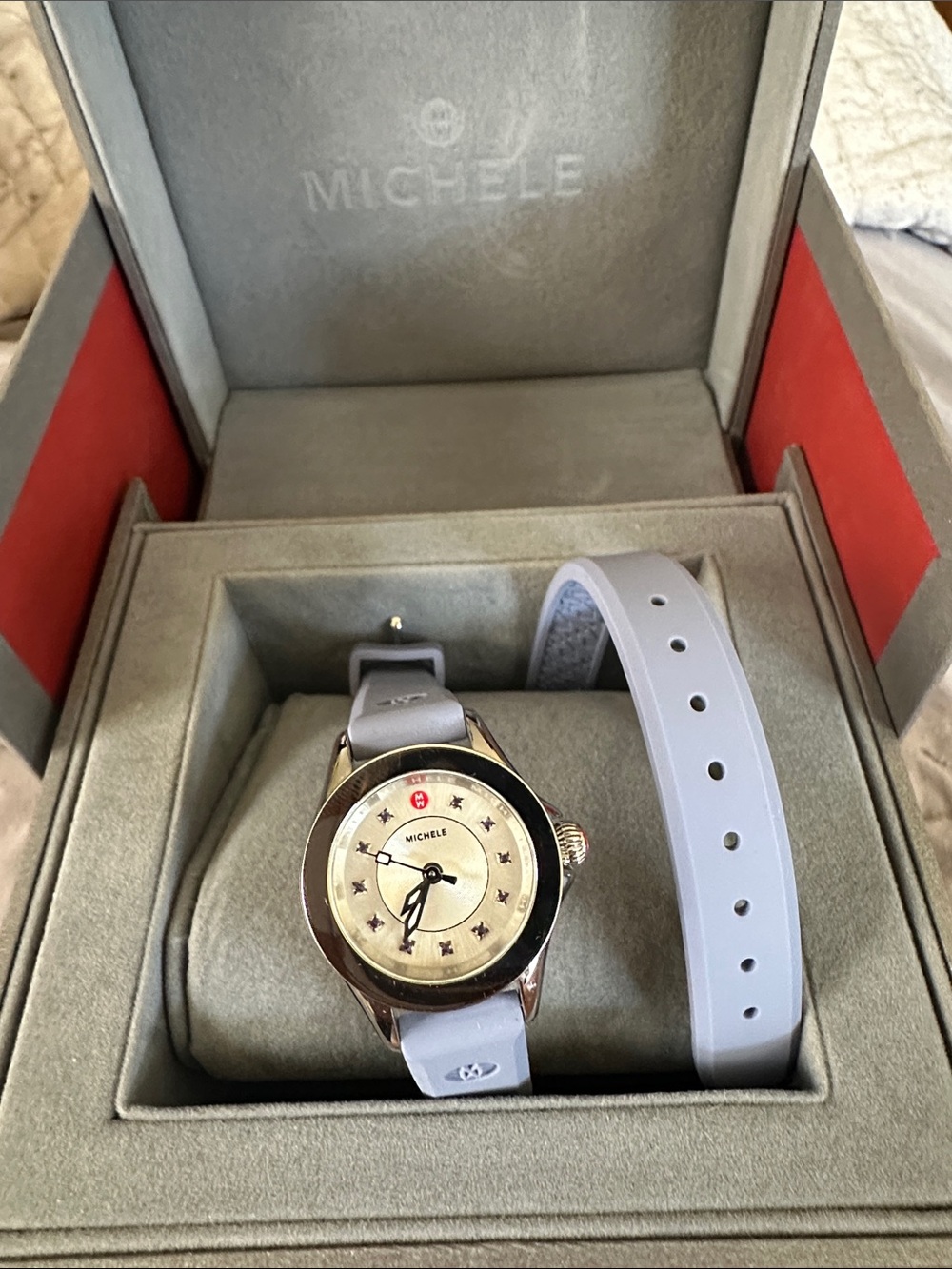 Watch-Michele Light Gray Silicone Strap  with Star Dial